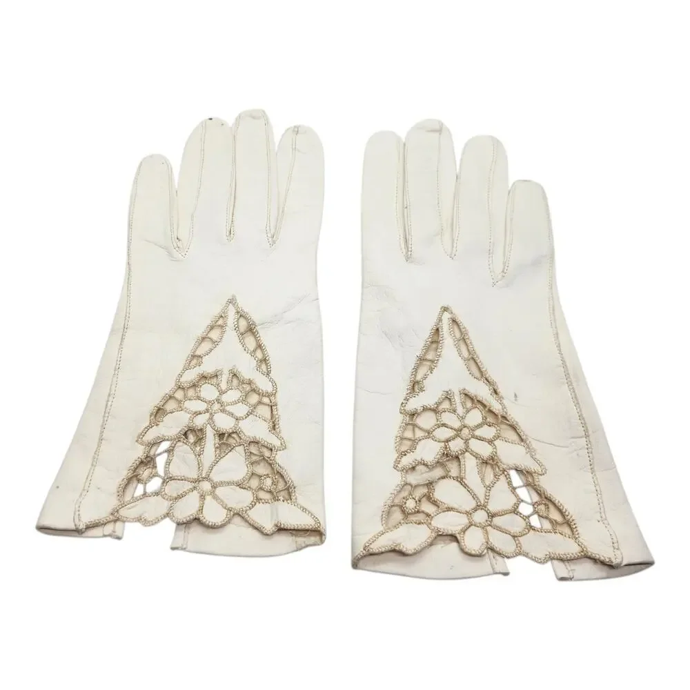 Vintage White Leather Gloves Womens Floral Lace Cutout Insert Wrist